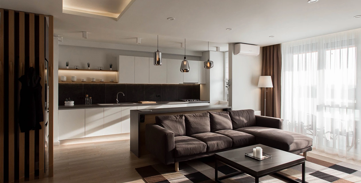 Kitchen pendant lighting with acrylic cabinet finishes