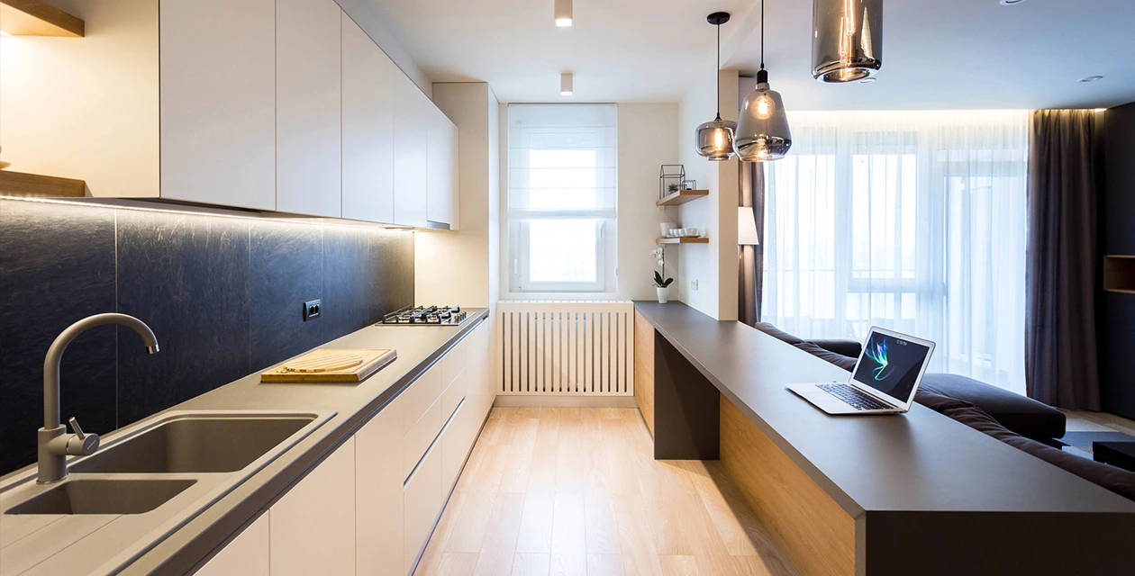 Wooden shelves adding warmth to a full house cabinet interior