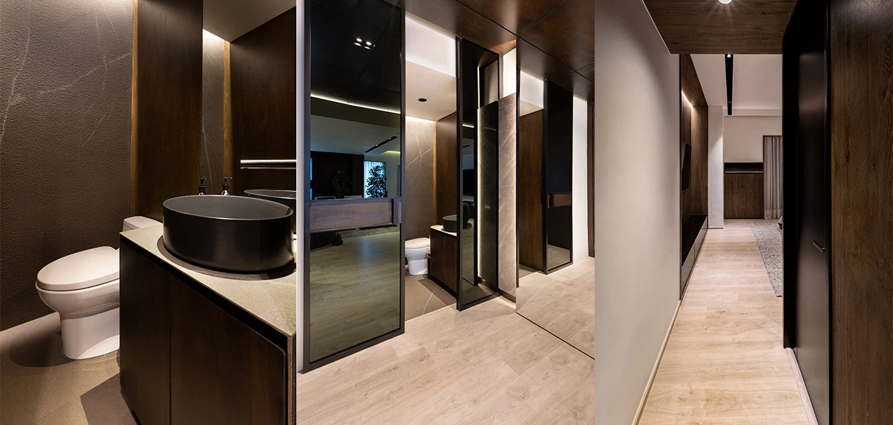 Green glass wardrobe doors with dark wood interior finishes Green glass wardrobe doors with dark wood interior finishes
