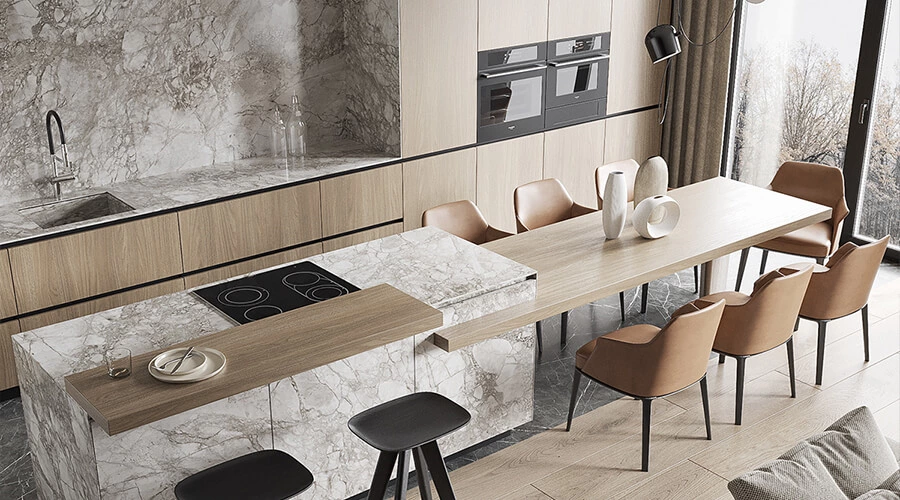 L-Shaped Wood Grain Modern Cabinets with Island