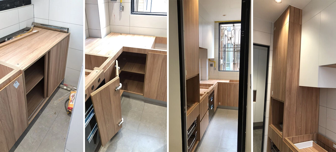 White wall cabinets and wood base cabinets in a custom kitchen