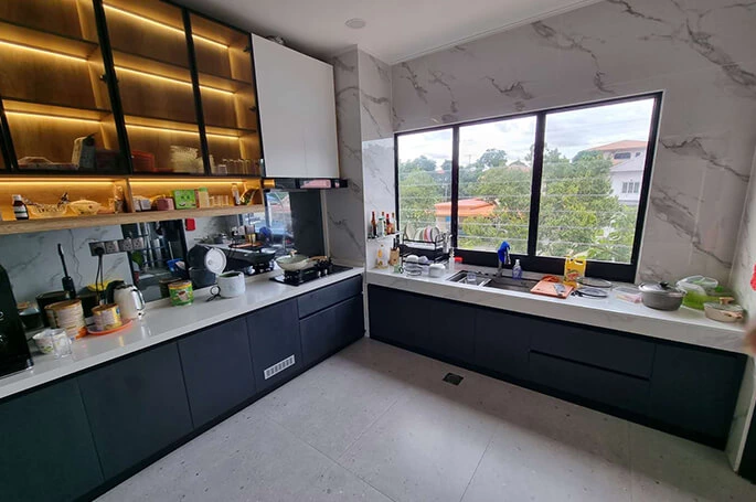 Blue-Black L-Shaped Kitchen | Brunei Apartment Project