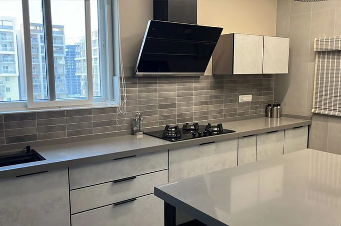 White-Gray Glass Kitchen | Saudi Arabia Apartment Project
