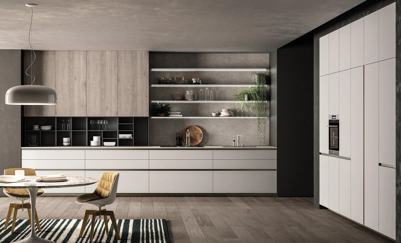 modern white and wood kitchen cabinets for a warm minimalist layout