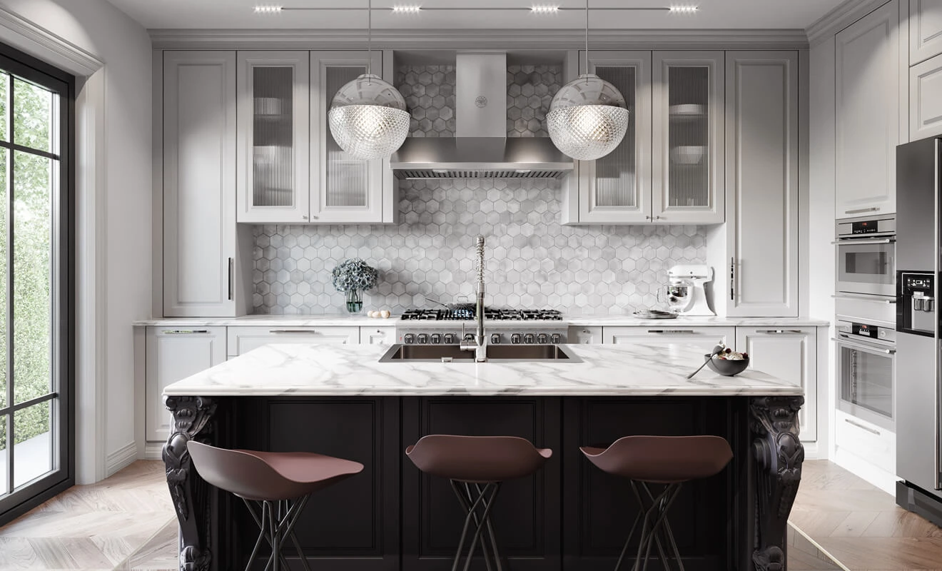 white contemporary kitchen cabinets with glass stainless steel and smoky gray accents