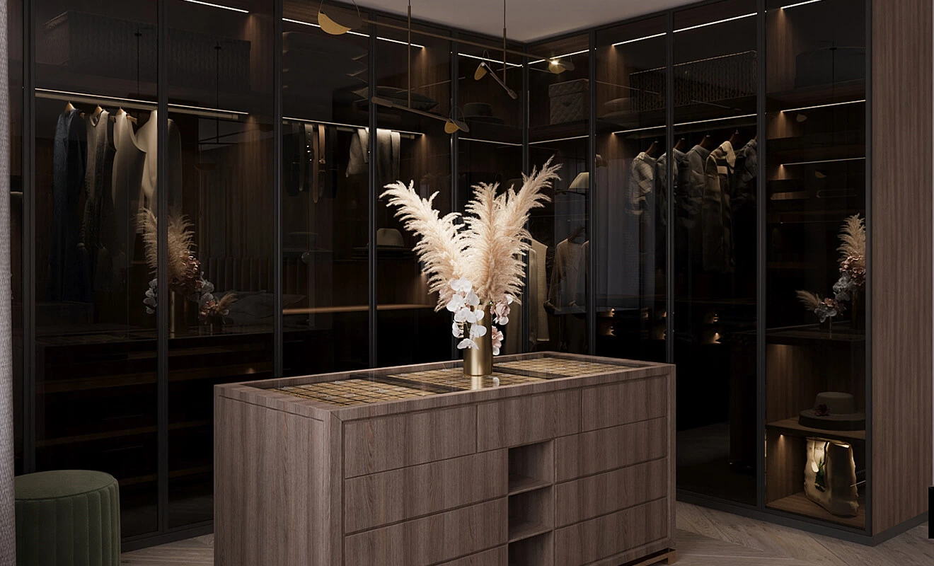 custom wardrobe with lighting drawers and functional accessories