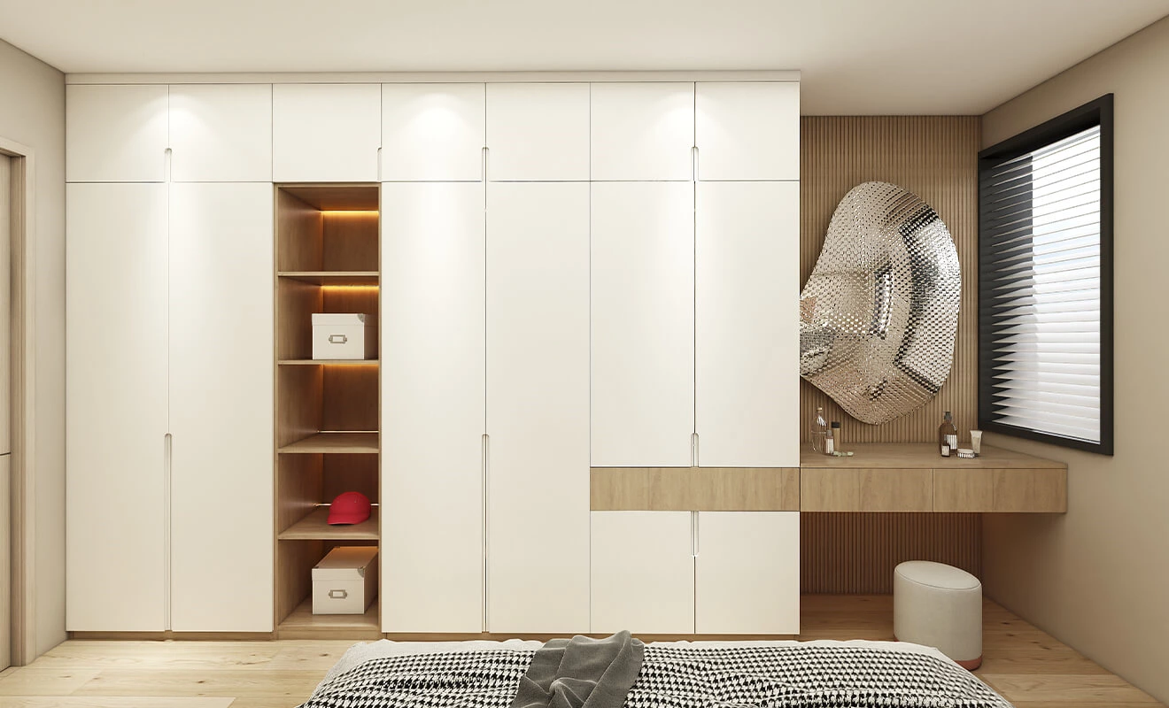wardrobe cabinet with interspersed drawers and suspended table