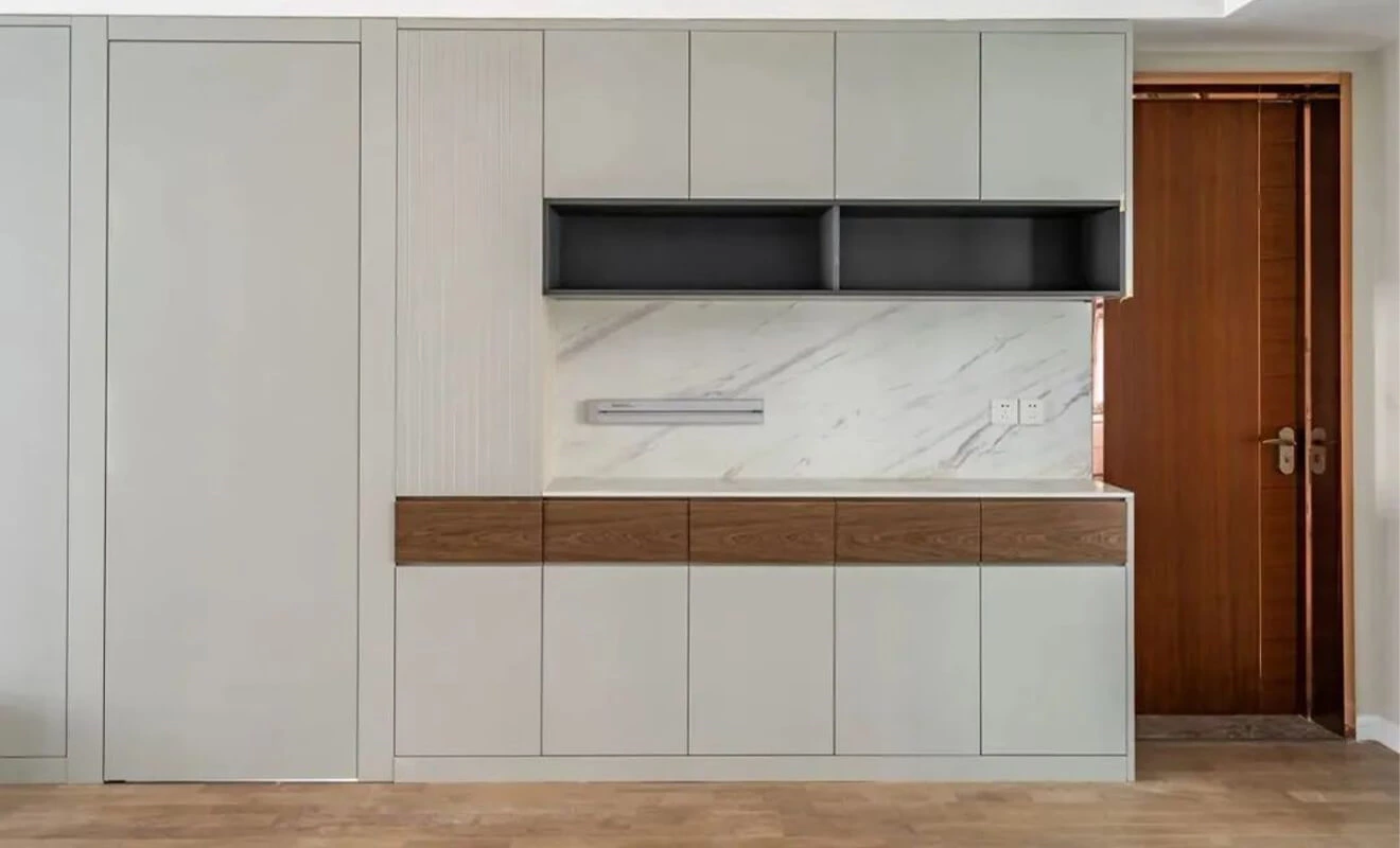 concealed drawer front for modern interspersed cabinets
