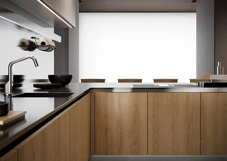 Stainless Steel and Wood Grain Cabinet