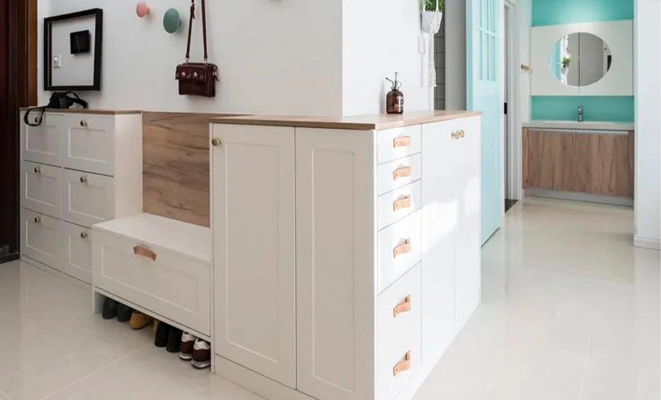 entrance corner shoe cabinet with ventilation and bench