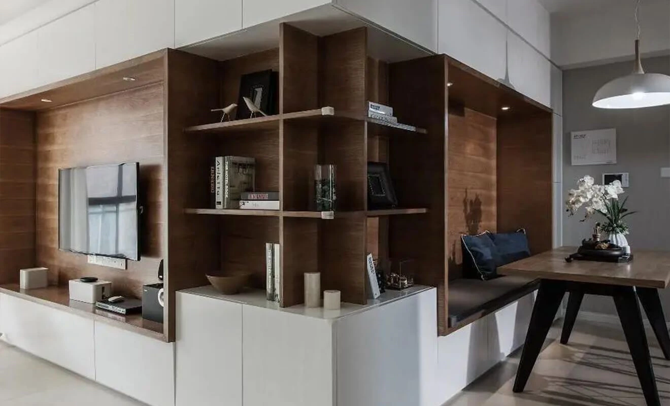 built-in TV wall and dining booth corner cabinet