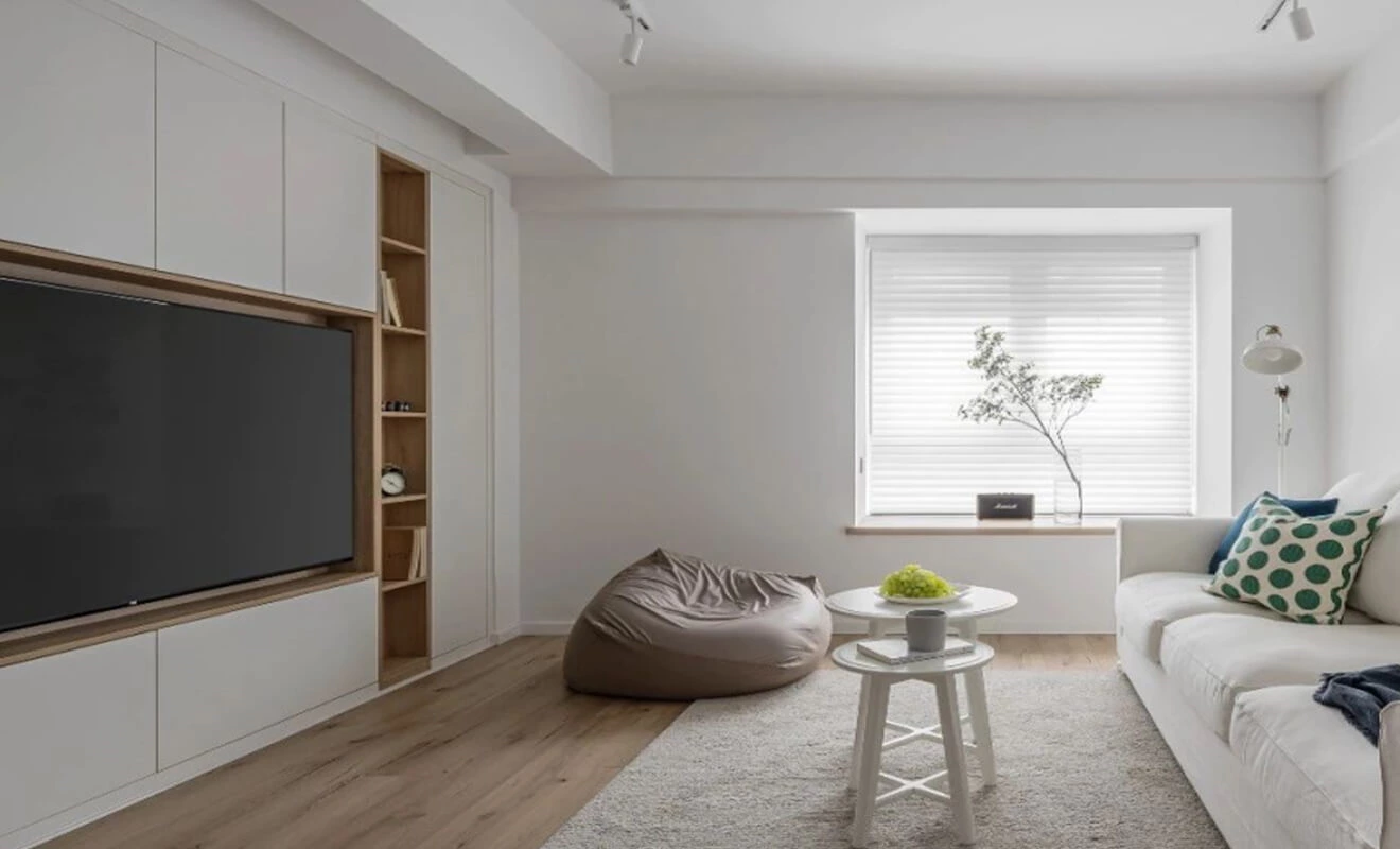 Wall-to-wall TV cabinet storage design for living room