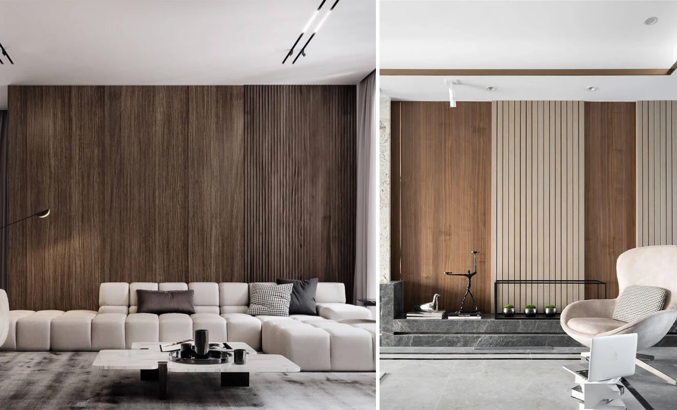 Warm wood veneer home background wall design in a contemporary living space Warm wood veneer home background wall design in a contemporary living space