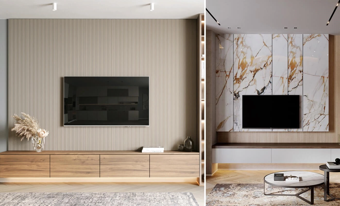 Integrated background wall combining wood veneer with contrasting materials Integrated background wall combining wood veneer with contrasting materials