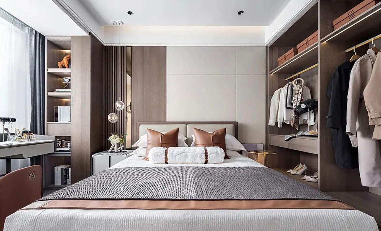 Bedroom wardrobe storage organization with hanging rails drawers and open shelves Bedroom wardrobe storage organization with hanging rails drawers and open shelves