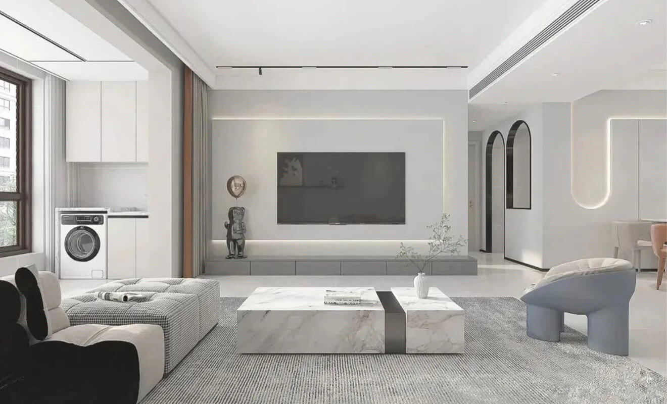 Whole-home cabinet storage layout connecting living and laundry areas Whole-home cabinet storage layout connecting living and laundry areas