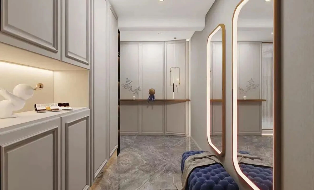 Entryway temporary storage cabinet with integrated mirror and console Entryway temporary storage cabinet with integrated mirror and console