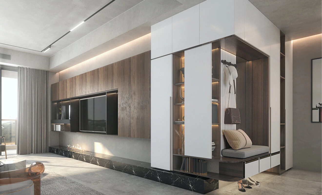 Integrated TV wall and entry storage cabinets for convenient daily access Integrated TV wall and entry storage cabinets for convenient daily access