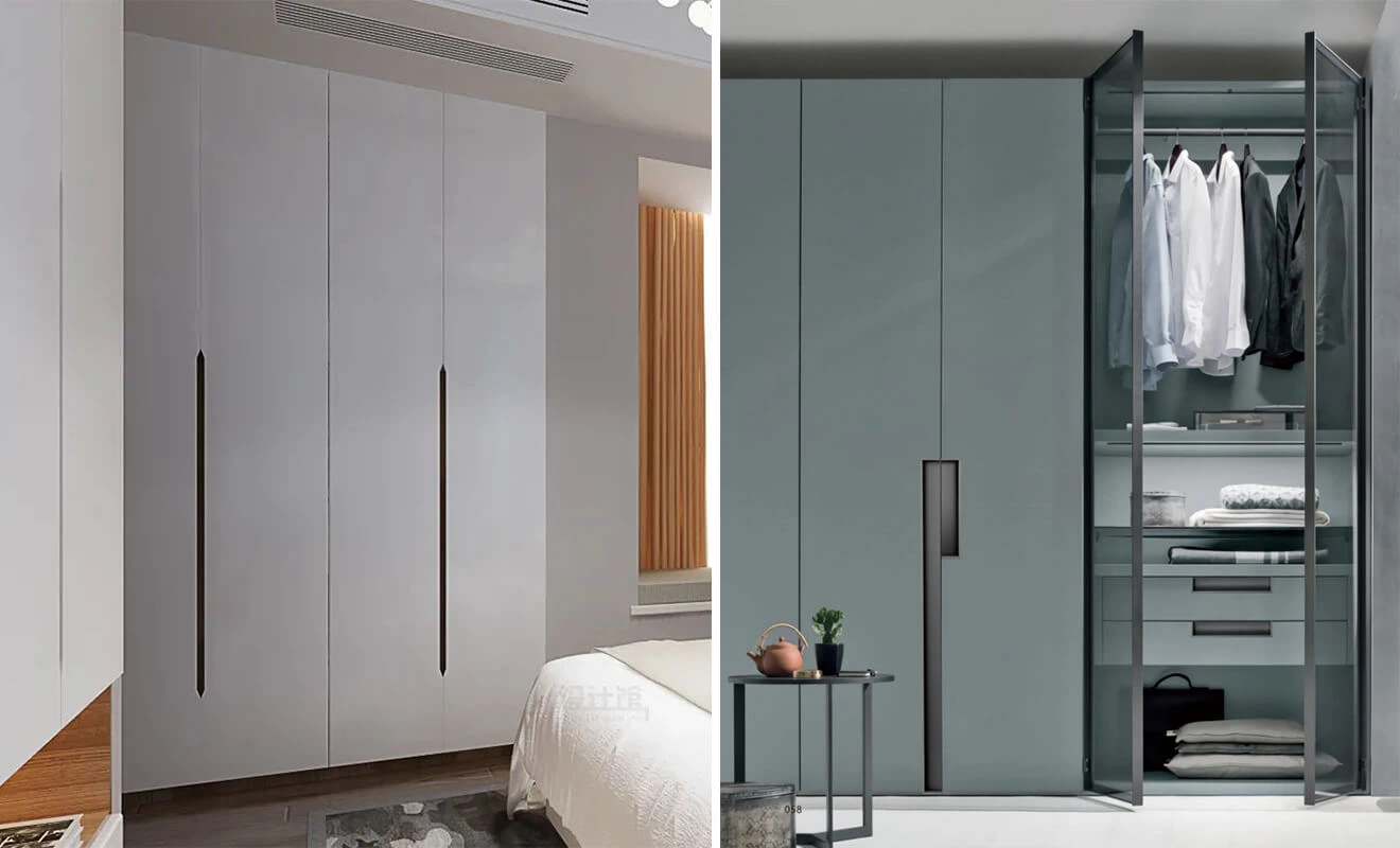 Recessed cabinet handle integrated into a flat door panel Recessed cabinet handle integrated into a flat door panel
