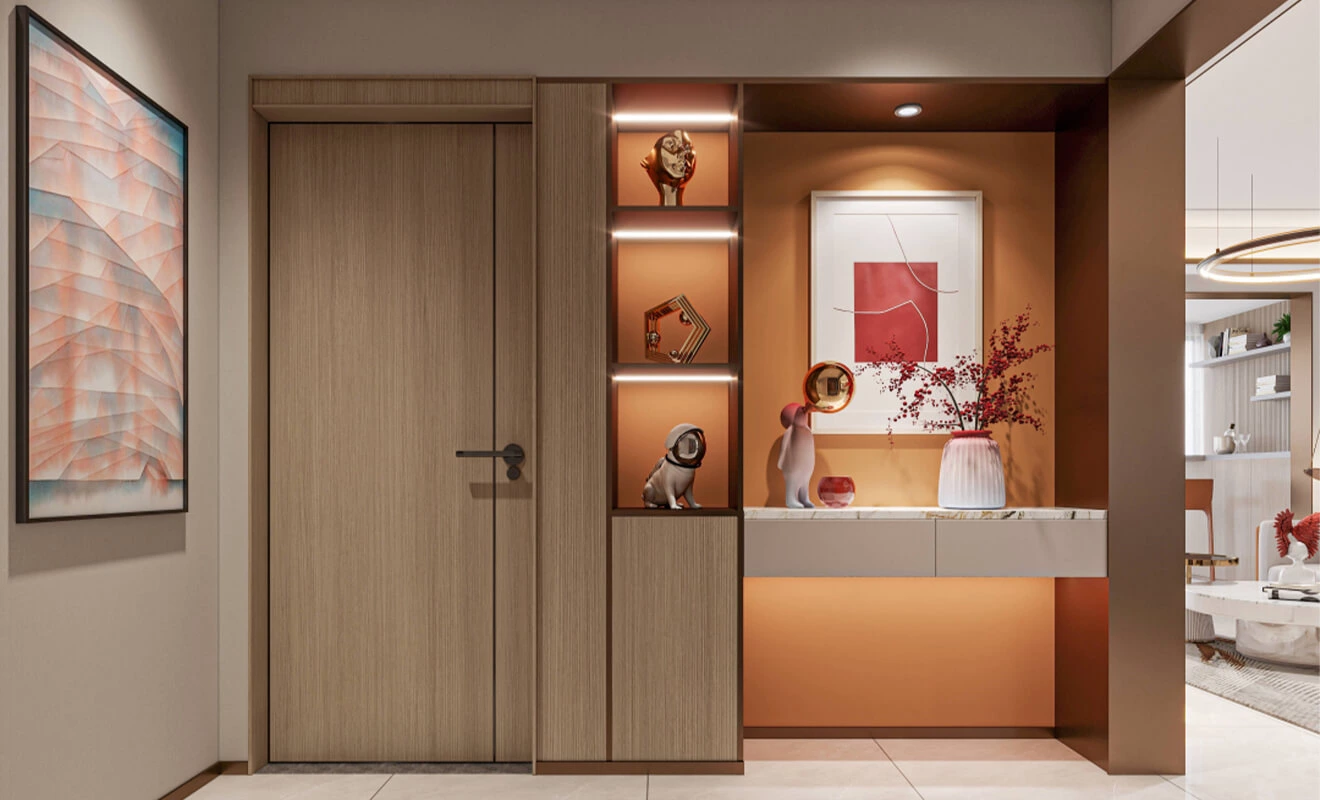 Entryway wood finish wall panels creating a warm arrival space Entryway wood finish wall panels creating a warm arrival space