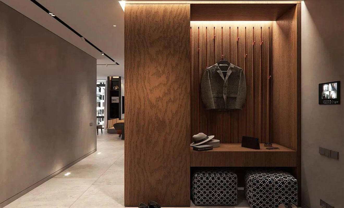 Wood finish entryway wall design with natural texture Wood finish entryway wall design with natural texture
