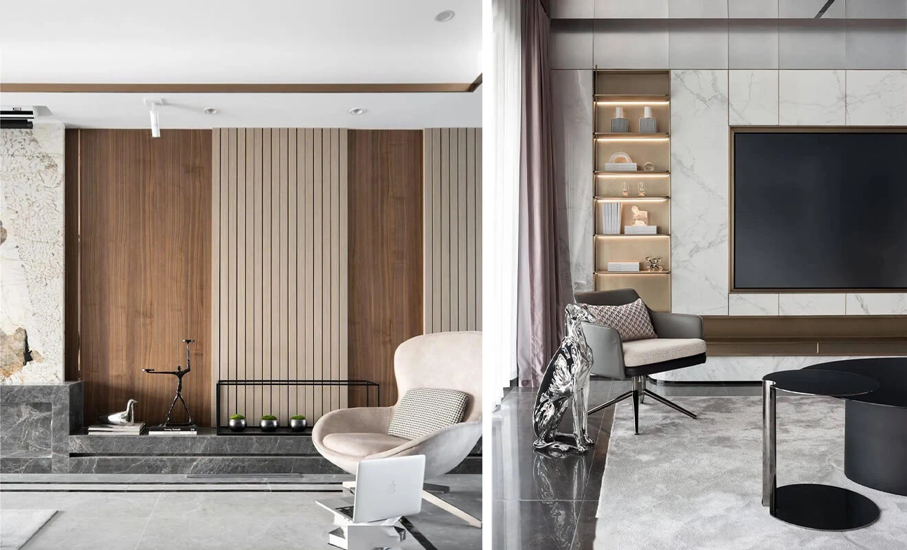Living room wood finish feature wall in a modern interior Living room wood finish feature wall in a modern interior