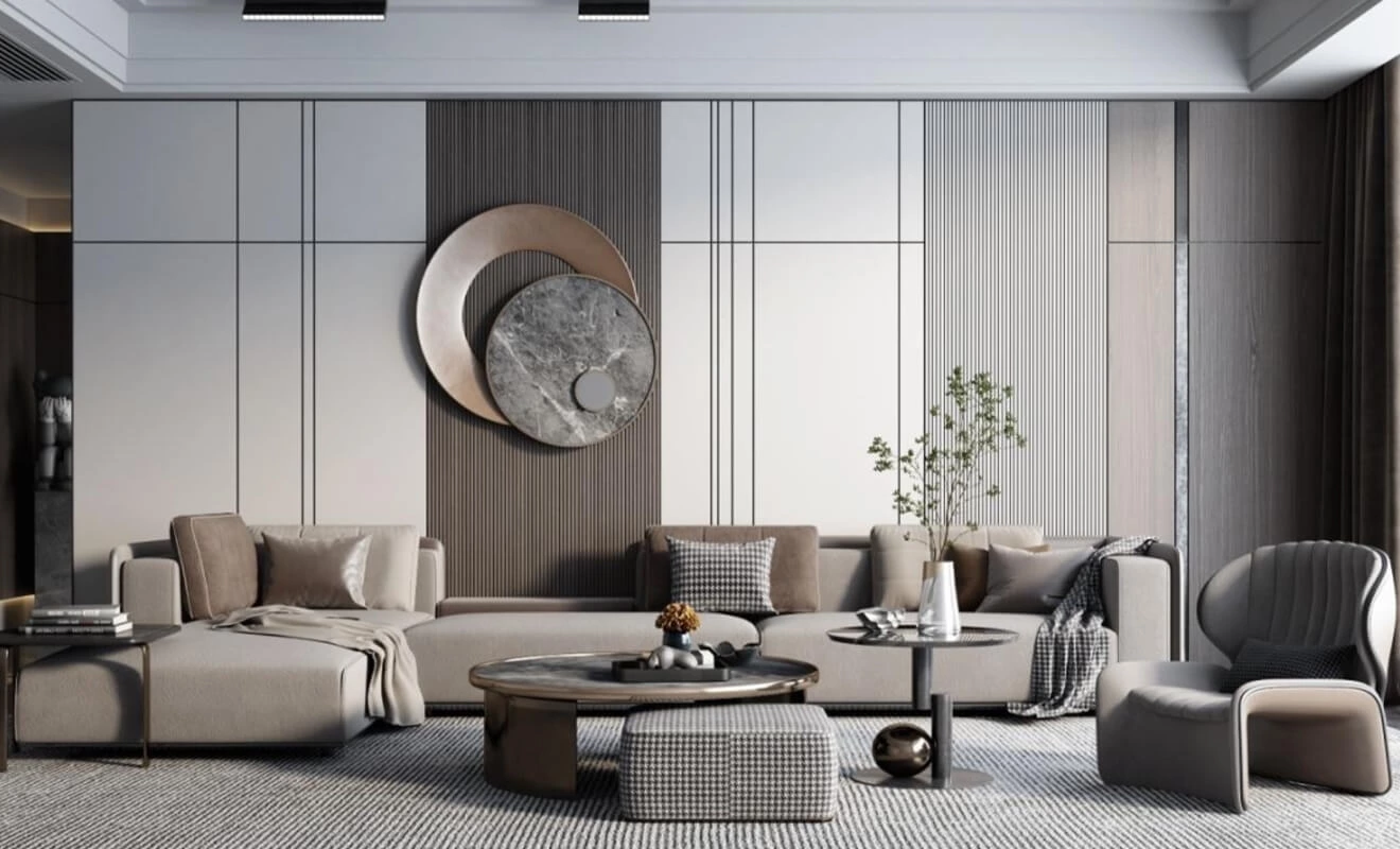 Luxury living room with a large wood wall finish Luxury living room with a large wood wall finish
