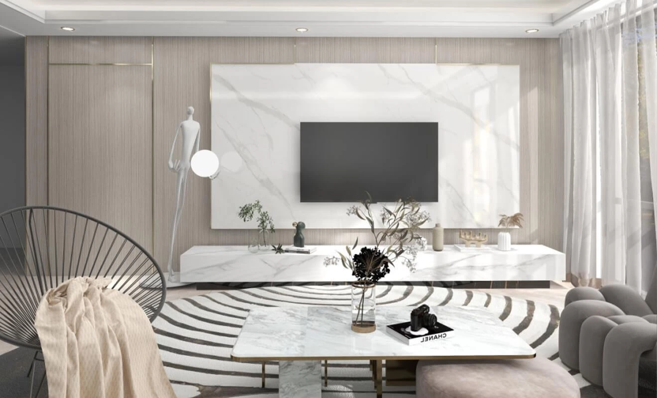 Wood finish living room wall combined with marble and metal Wood finish living room wall combined with marble and metal