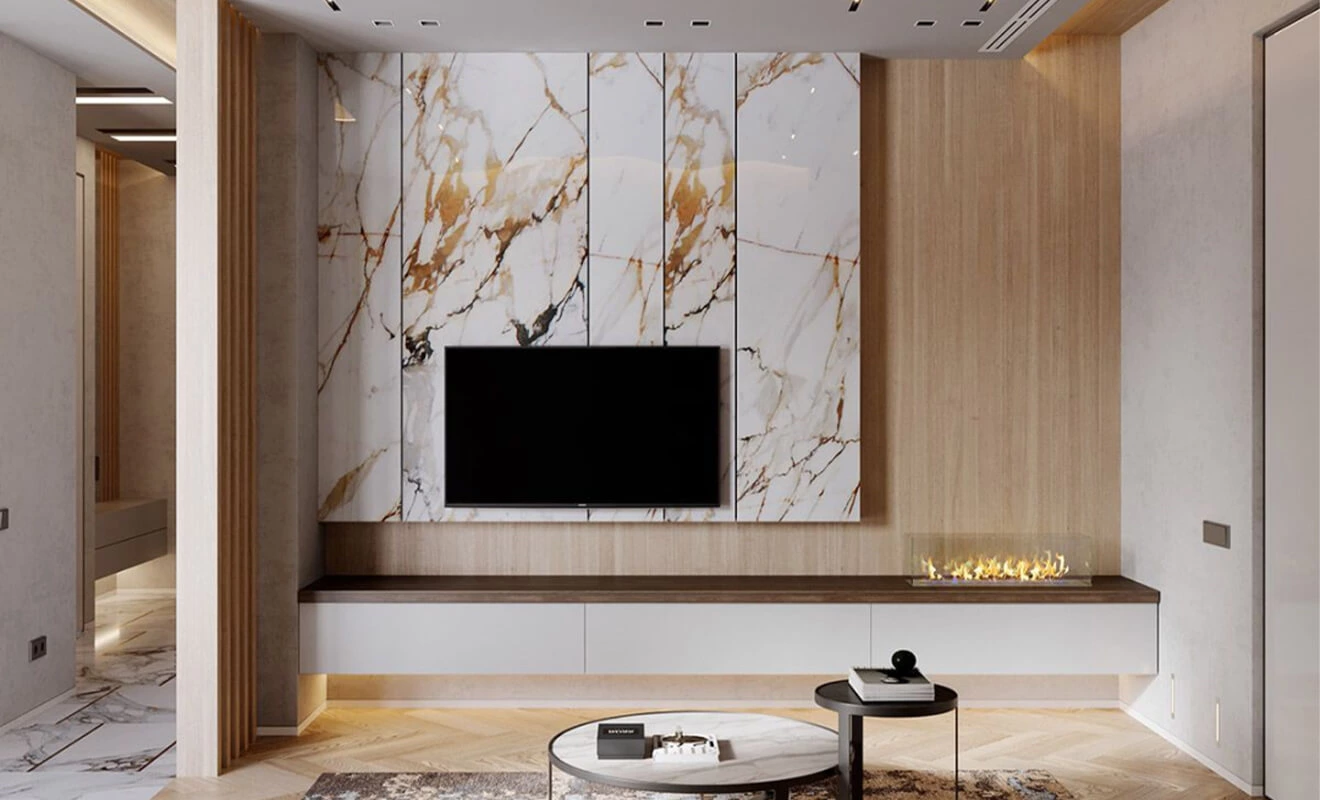 Modern living room with coordinated wood panel finishes Modern living room with coordinated wood panel finishes