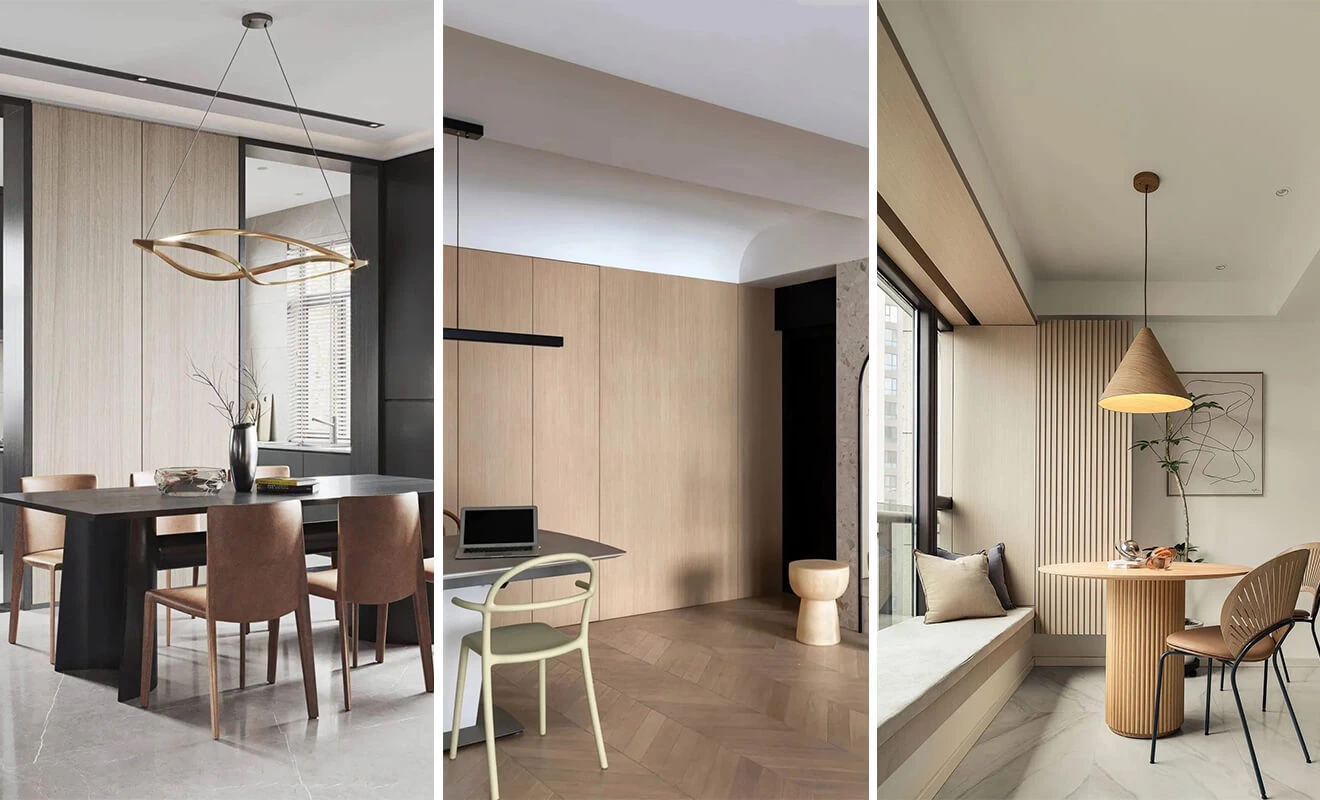 Dining room wood finish wall with warm ambient lighting Dining room wood finish wall with warm ambient lighting