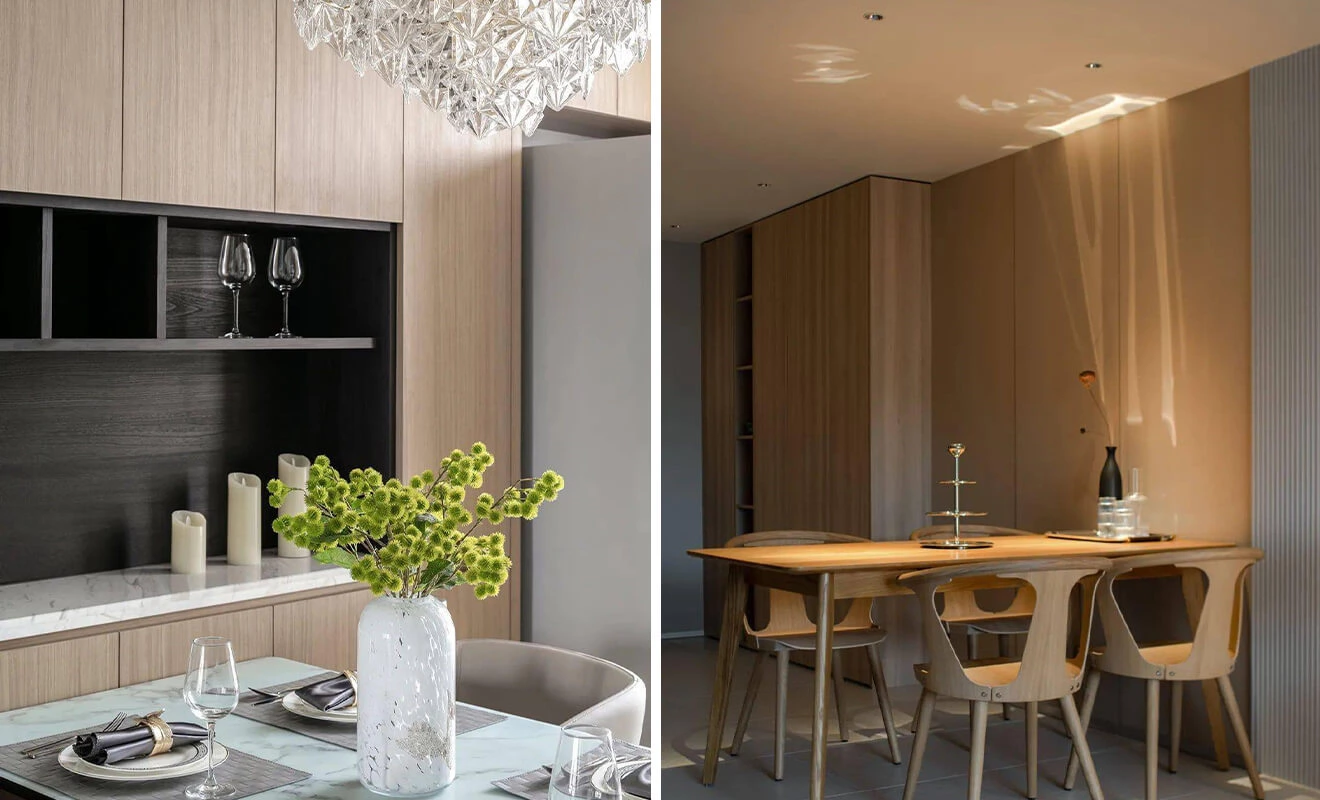 Wood finish dining cabinet and wall design Wood finish dining cabinet and wall design