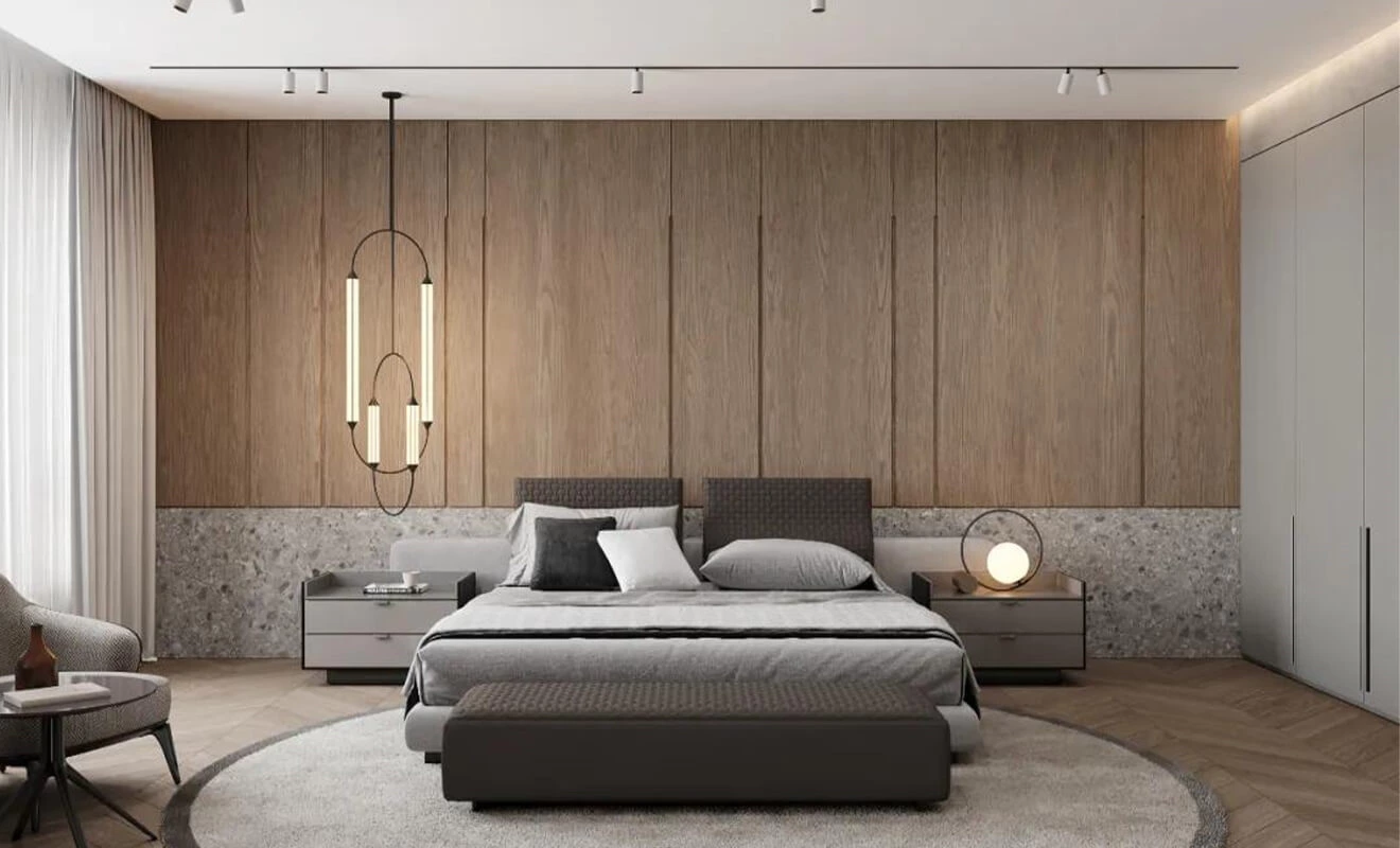 Bedroom wood finish headboard wall with coordinated bedside cabinets Bedroom wood finish headboard wall with coordinated bedside cabinets
