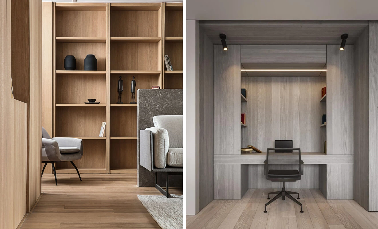 Wood finish study design with integrated shelving and wall panels Wood finish study design with integrated shelving and wall panels