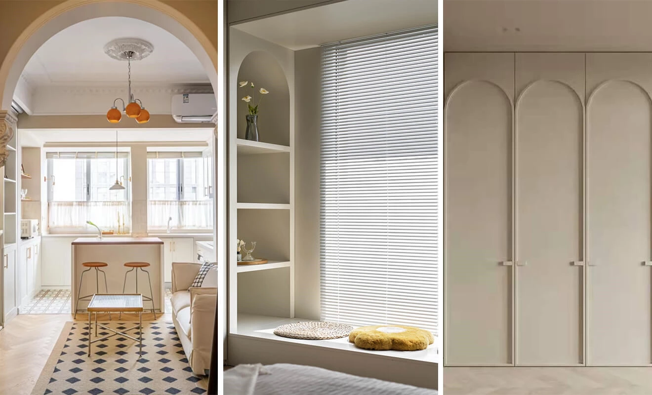Curved cabinet design in a soft cream home interior Curved cabinet design in a soft cream home interior