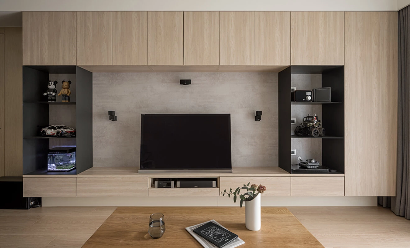 Floating TV cabinet on a modern media wall Floating TV cabinet on a modern media wall