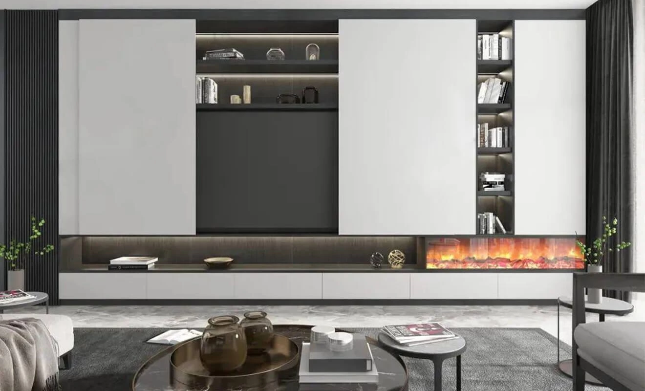 Modular TV cabinet with bookshelf and display storage Modular TV cabinet with bookshelf and display storage