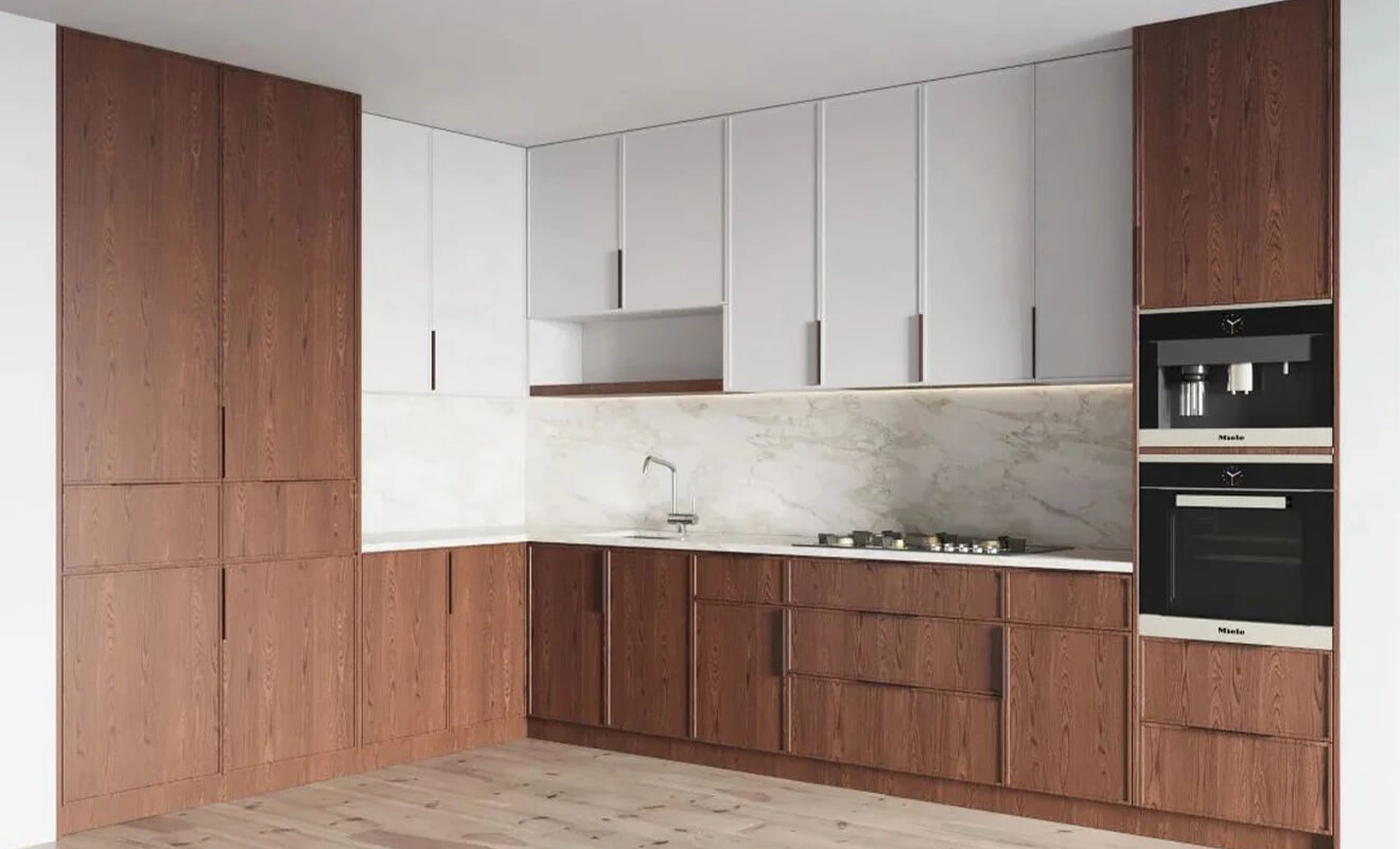 White and wood modern kitchen cabinets with clean lines White and wood modern kitchen cabinets with clean lines