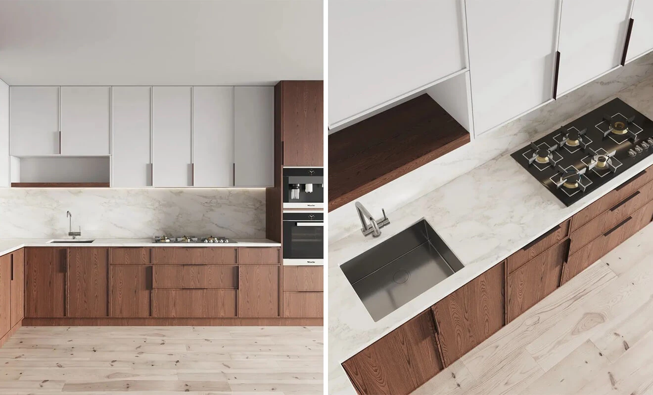 White and wood kitchen cabinet details in a modern design White and wood kitchen cabinet details in a modern design