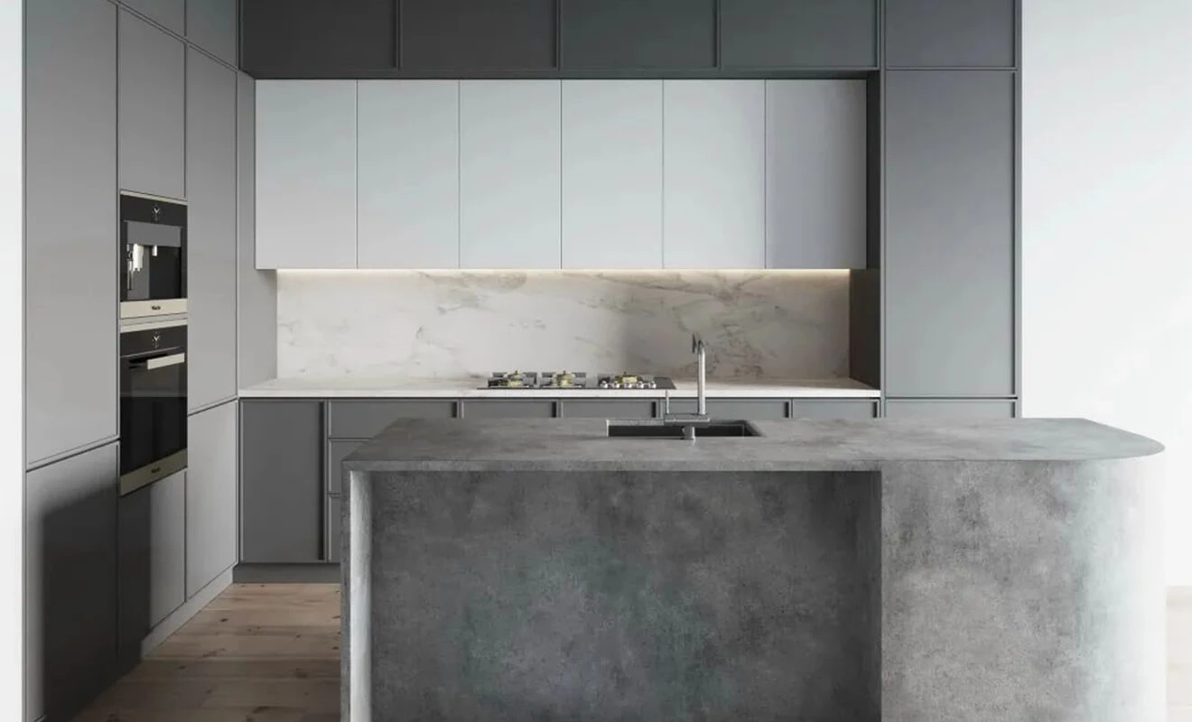 Grey modern kitchen with white sintered stone panels Grey modern kitchen with white sintered stone panels
