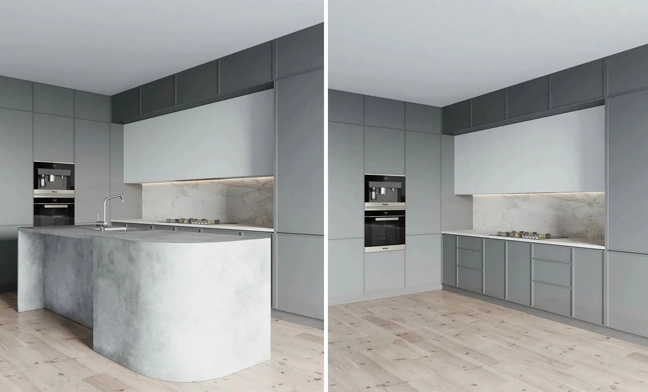 Grey kitchen cabinets with sintered stone texture Grey kitchen cabinets with sintered stone texture