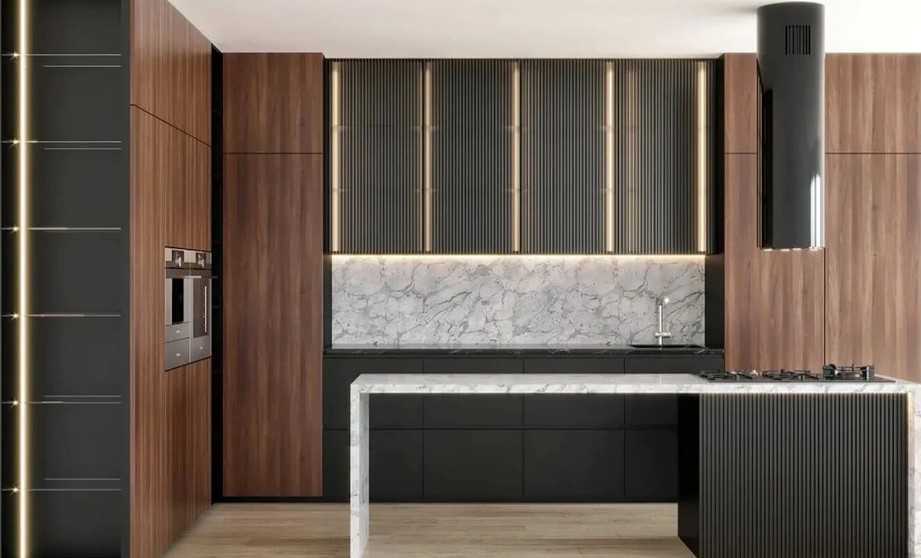 Open kitchen with light and dark wood cabinets Open kitchen with light and dark wood cabinets