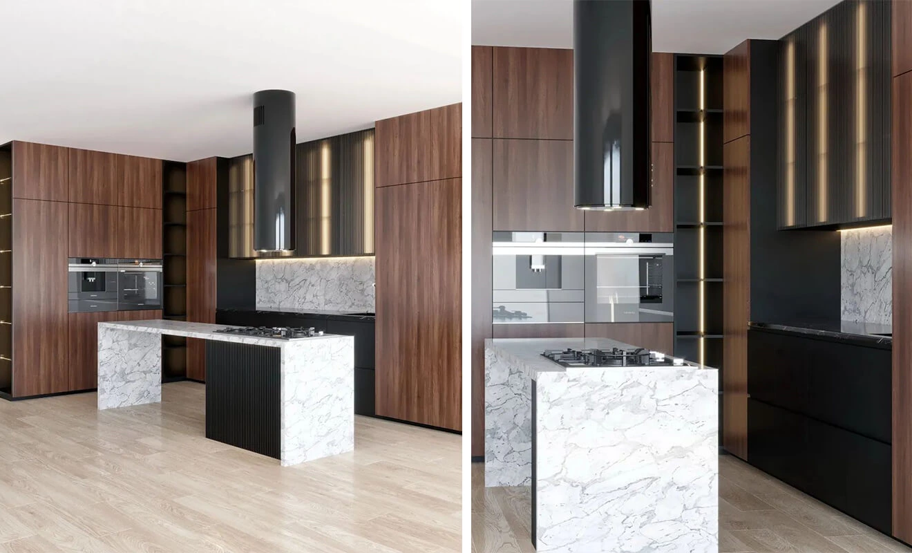 Wood kitchen cabinets with a marble pattern accent Wood kitchen cabinets with a marble pattern accent