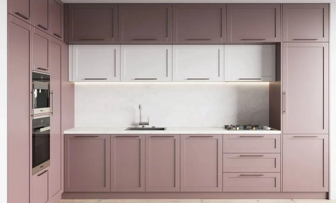 Modern classic kitchen with ornate handles and detailed molding Modern classic kitchen with ornate handles and detailed molding