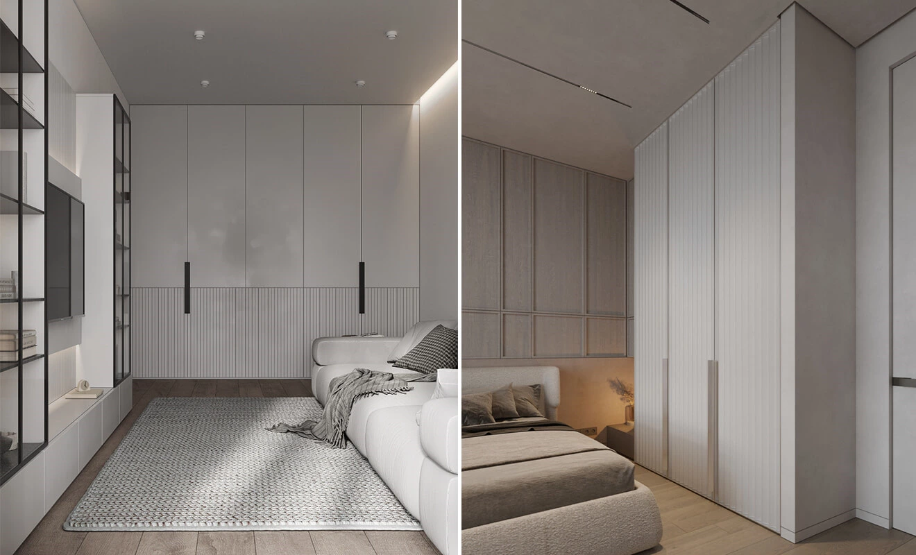 Floor-to-ceiling custom wardrobe with upper storage cabinets