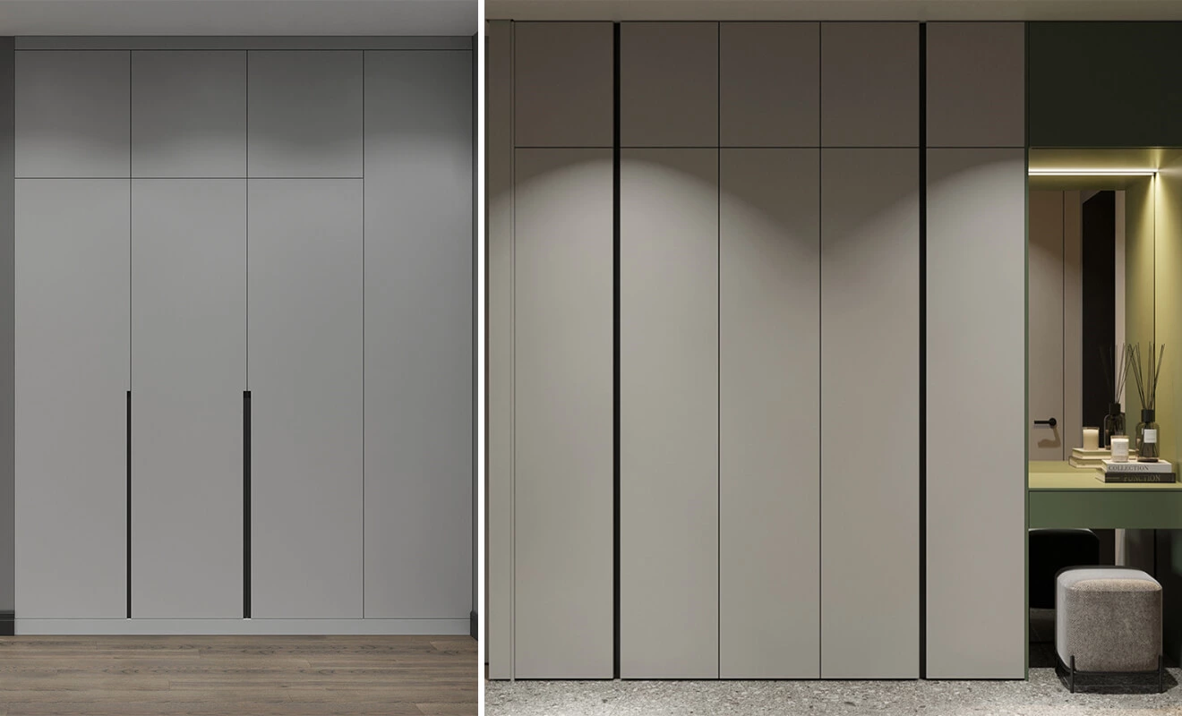Built-in custom wardrobe design blending with a bedroom wall