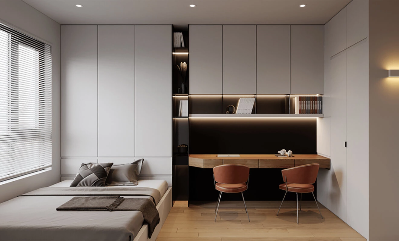 Integrated custom wardrobe design for a modern bedroom