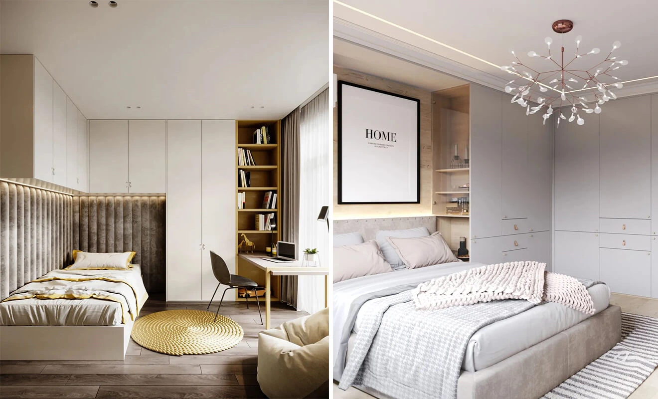 L-shaped custom wardrobe design using a bedroom corner