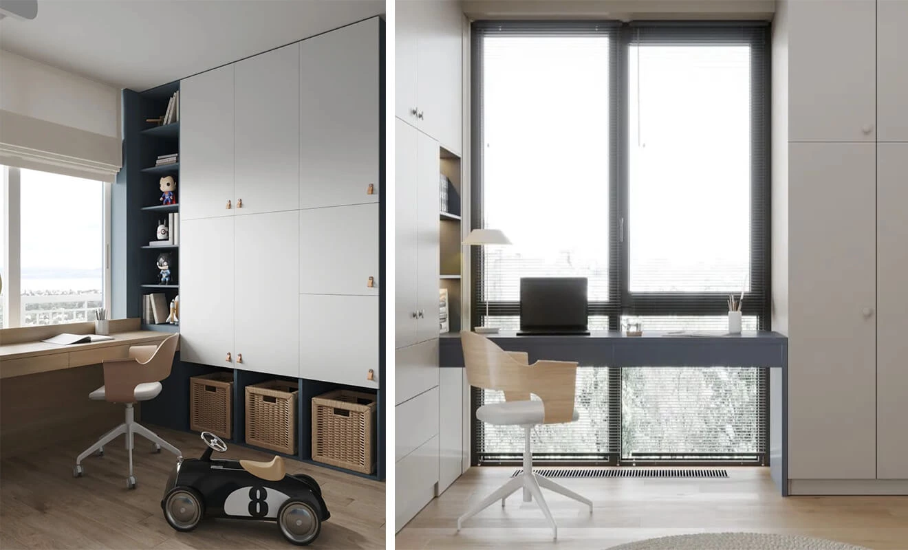 Custom wardrobe with bay window cabinet and bedroom storage