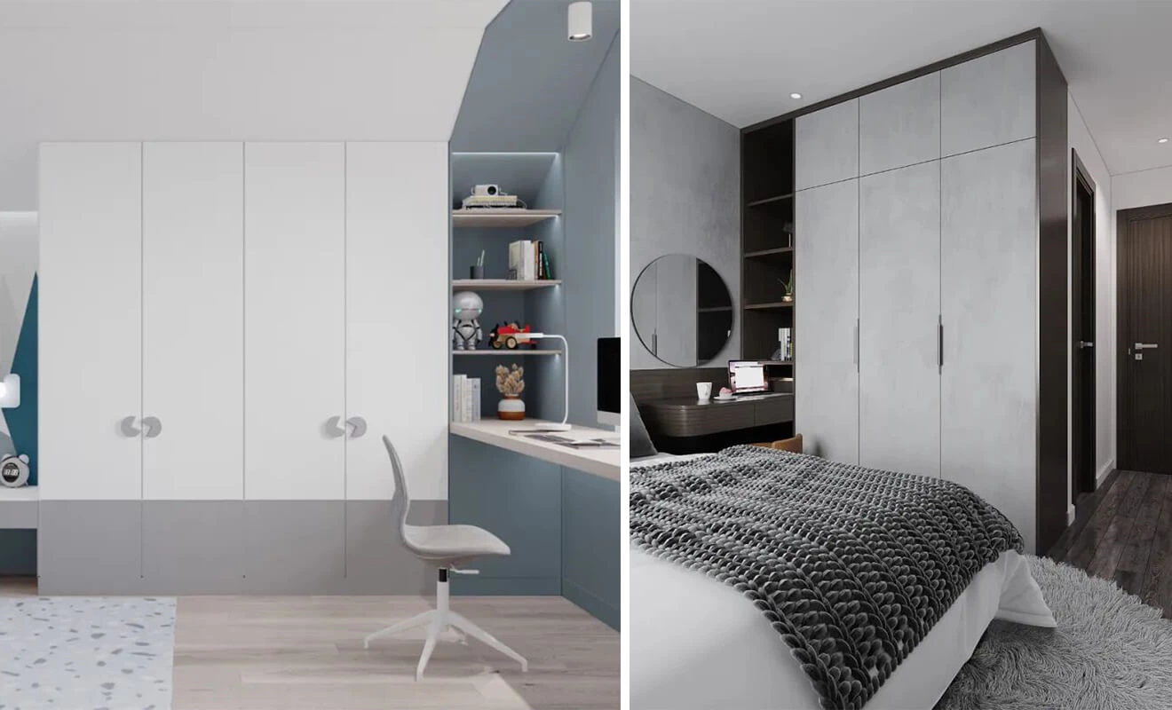 Full-wall custom wardrobe with integrated bedside table