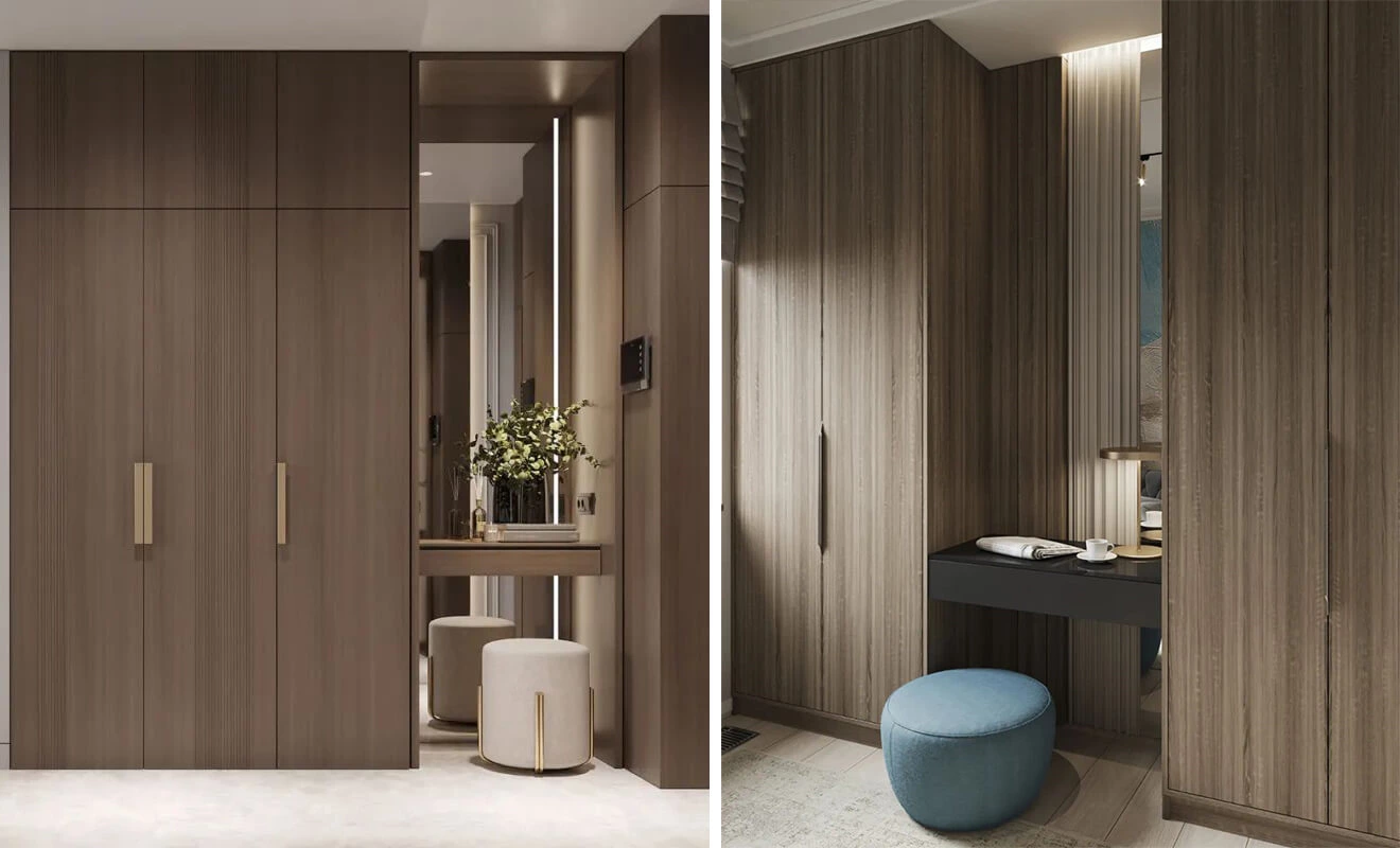 Custom wardrobe with integrated dressing table in a bedroom